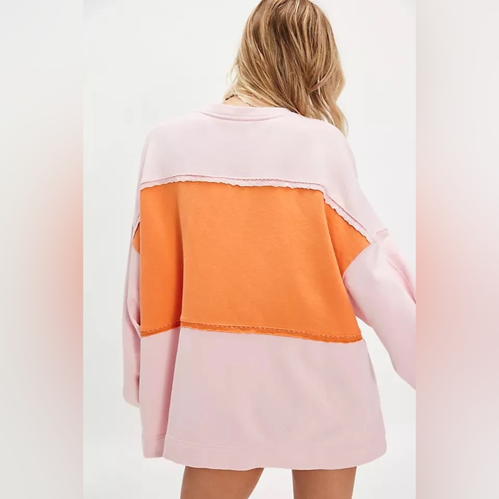 Free People Oversized Pink and Orange Colorblock Pullover - Picture 2 of 10
